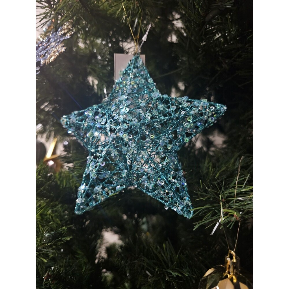 NWT Macys Large Wire Framed Christmas Star Ornament Aquamarine Blue Sequin